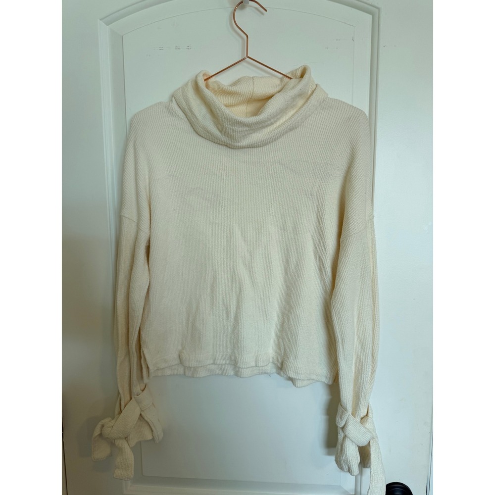 Madewell Waffle Knit Sweater Womens XS Cream Funnel Neck Tie Cuff H1088
